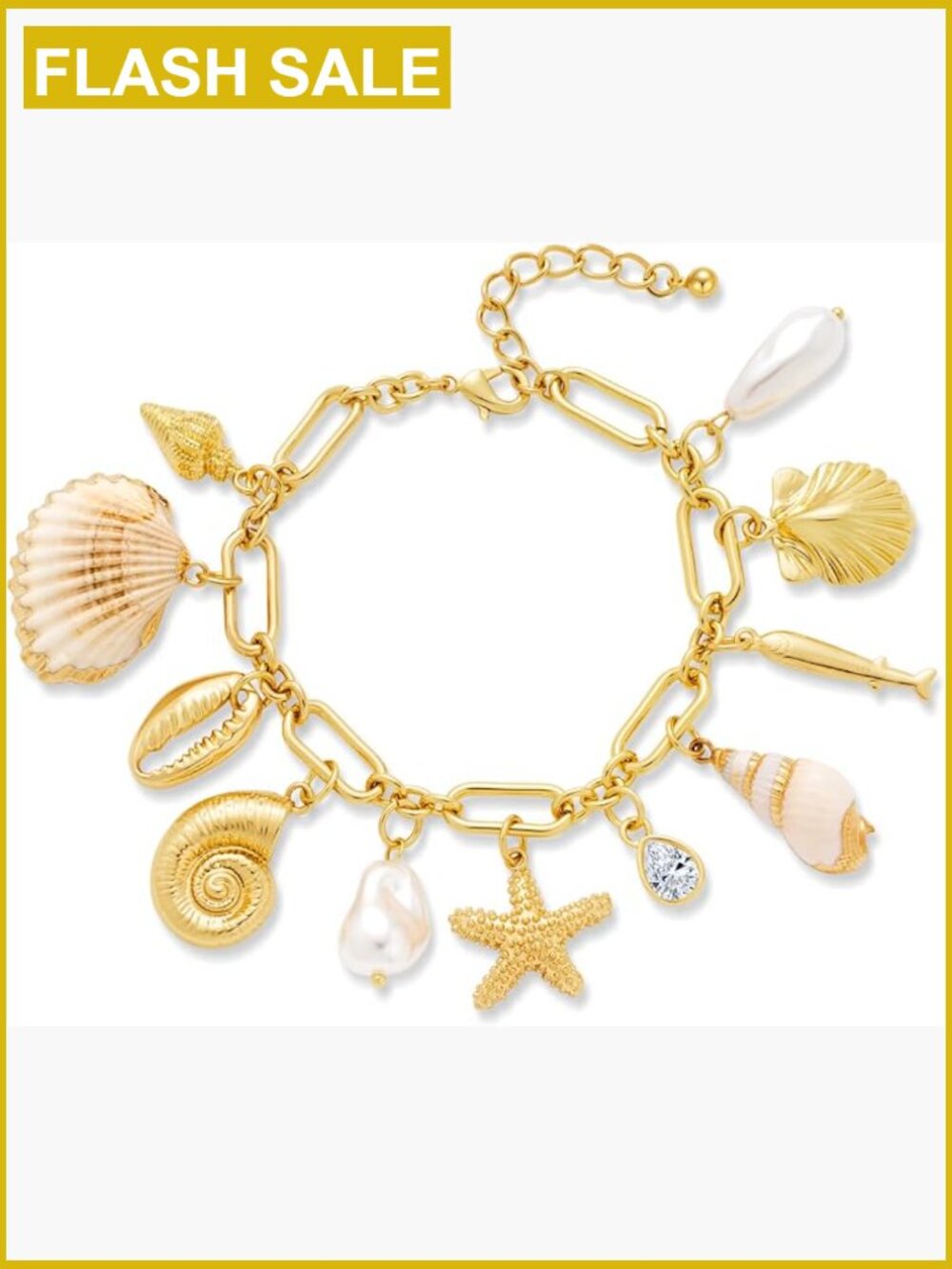 Chunky Gold Seashell Starfish Charm Bracelet Adjustable Boho Beach Link